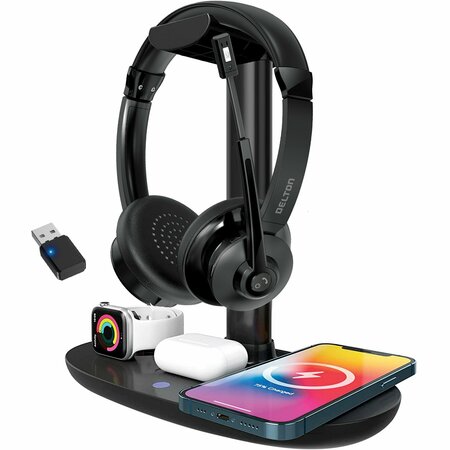 DELTON 30X Wireless Computer Headset and Charging Stand Over the Head Bluetooth Headphone Auto Pair USB DHSWC130XD